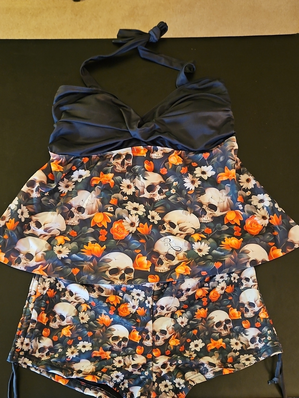 Black Floral Skull Halter Tankini Bikini Set